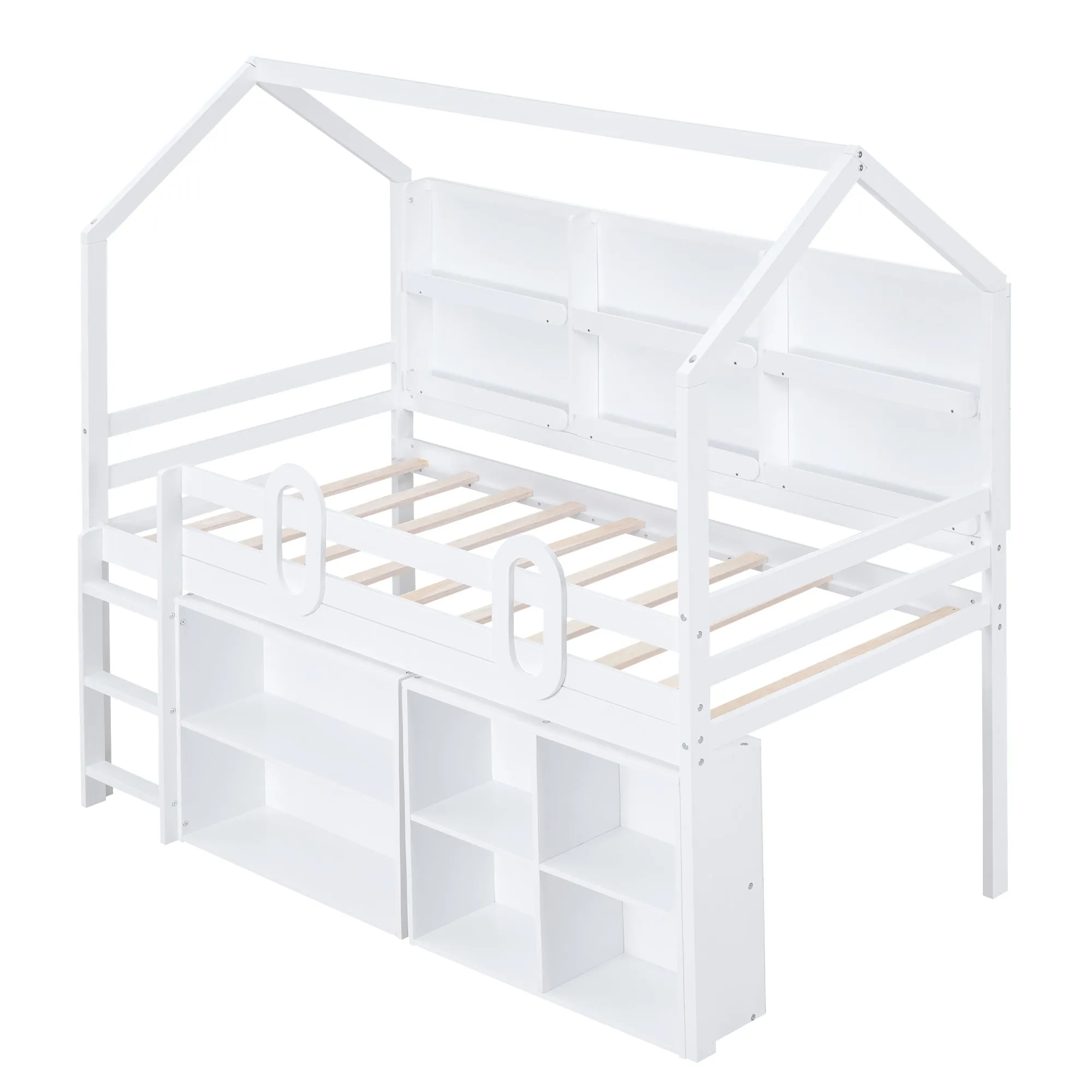 Twin Size House Loft Bed with Multiple Storage Shelves, White