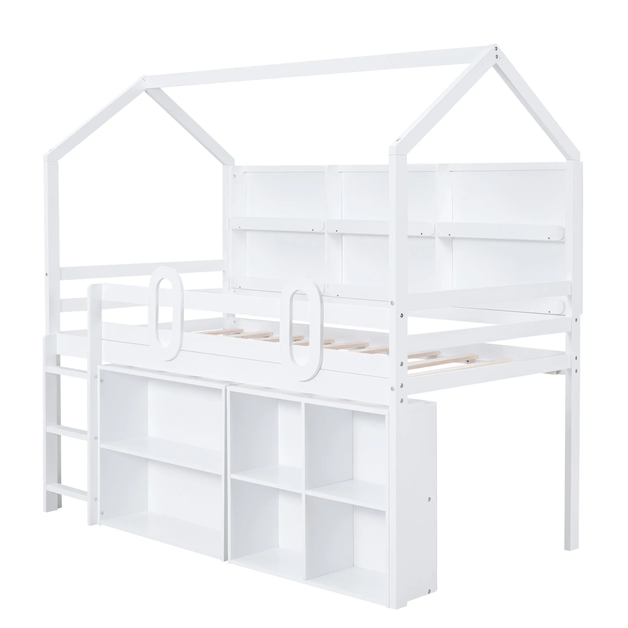 Twin Size House Loft Bed with Multiple Storage Shelves, White