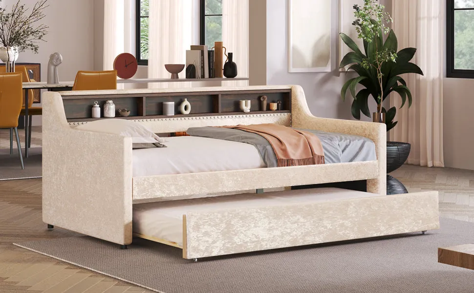 Twin Size Snowflake Velvet Daybed with Trundle and Built-in Storage Shelves,Beige