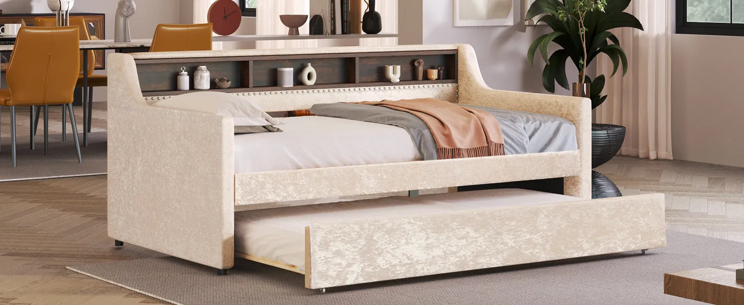 Twin Size Snowflake Velvet Daybed with Trundle and Built-in Storage Shelves,Beige