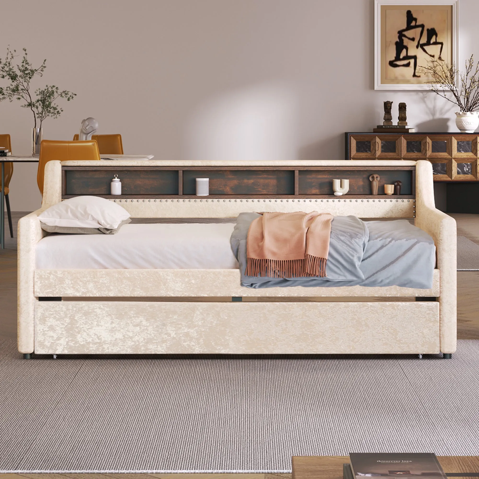 Twin Size Snowflake Velvet Daybed with Trundle and Built-in Storage Shelves,Beige