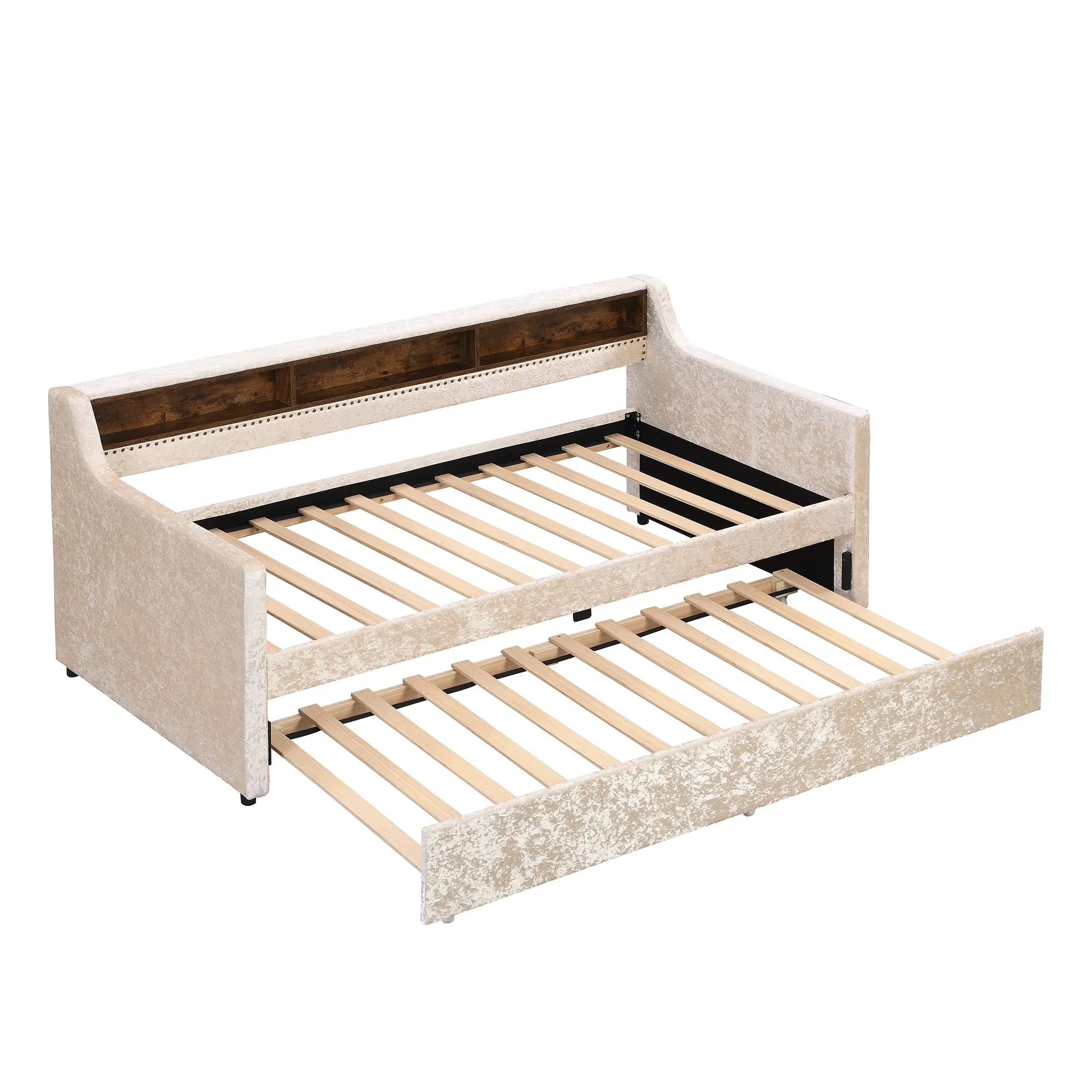 Twin Size Snowflake Velvet Daybed with Trundle and Built-in Storage Shelves,Beige