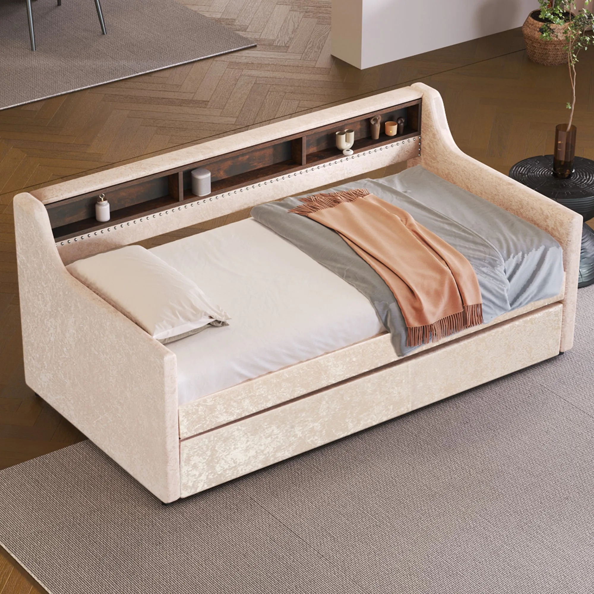 Twin Size Snowflake Velvet Daybed with Trundle and Built-in Storage Shelves,Beige