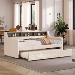 Twin Size Snowflake Velvet Daybed with Trundle and Built-in Storage Shelves,Beige