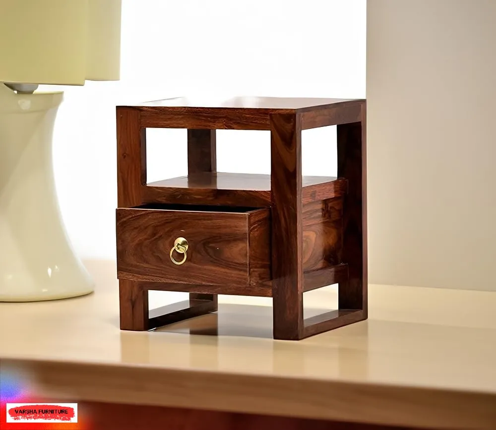 Varsha Furniture Solid Sheesham Wood Bedside Table for Bedroom | Handmade Pure Wooden Bed Side Nightstand End Table with 1 Drawers & 1 Open Storage for Home & Bed Room