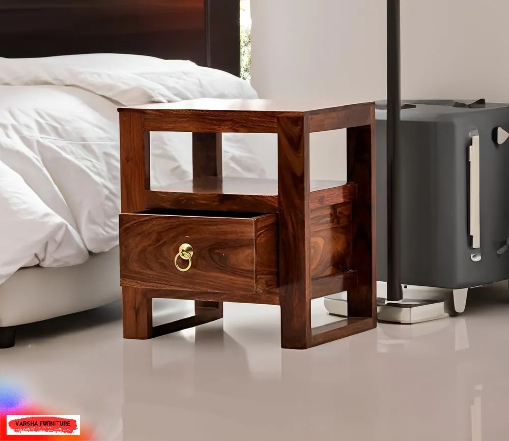 Varsha Furniture Solid Sheesham Wood Bedside Table for Bedroom | Handmade Pure Wooden Bed Side Nightstand End Table with 1 Drawers & 1 Open Storage for Home & Bed Room