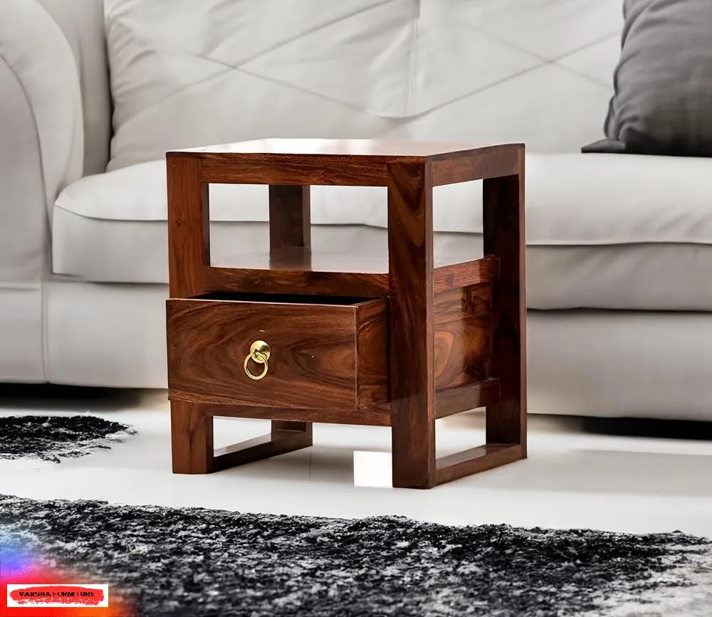 Varsha Furniture Solid Sheesham Wood Bedside Table for Bedroom | Handmade Pure Wooden Bed Side Nightstand End Table with 1 Drawers & 1 Open Storage for Home & Bed Room