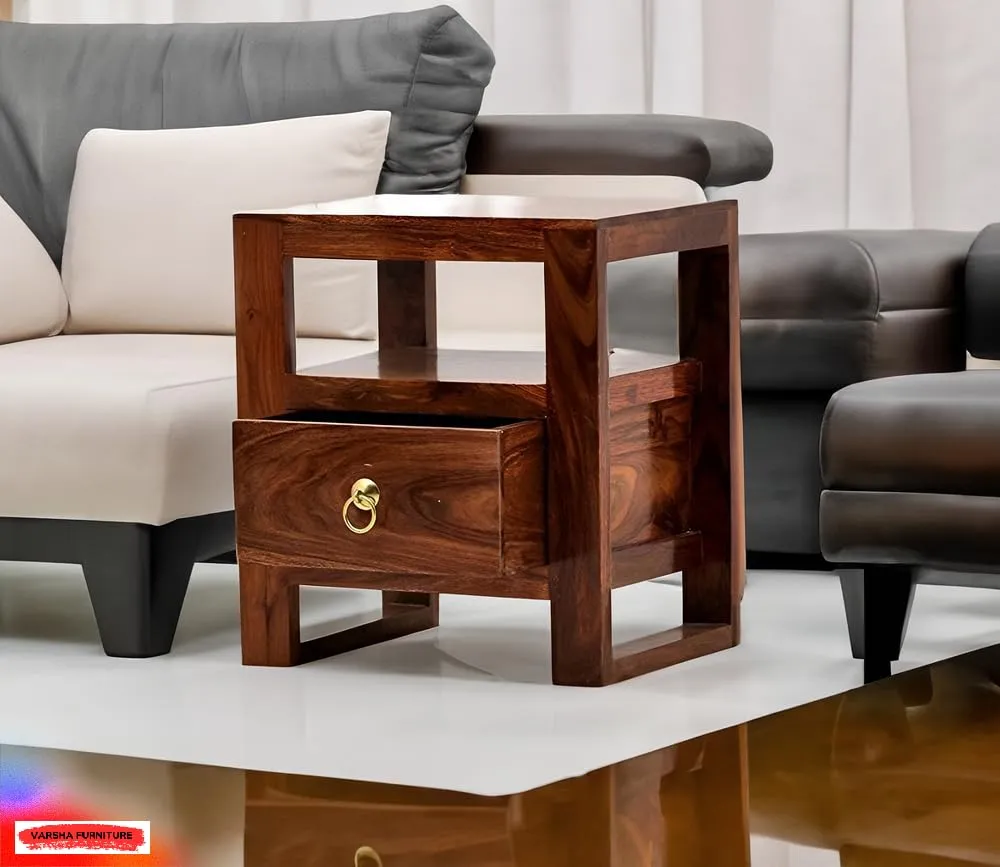 Varsha Furniture Solid Sheesham Wood Bedside Table for Bedroom | Handmade Pure Wooden Bed Side Nightstand End Table with 1 Drawers & 1 Open Storage for Home & Bed Room