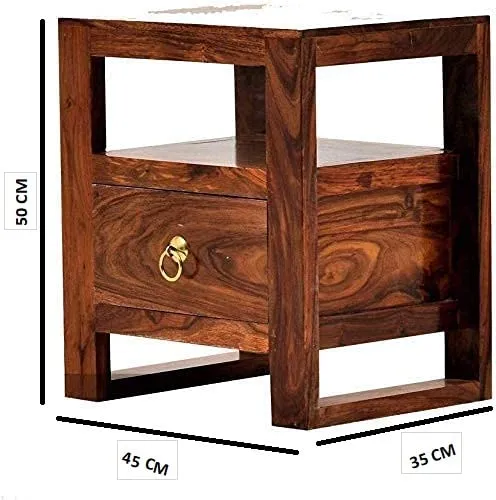 Varsha Furniture Solid Sheesham Wood Bedside Table for Bedroom | Handmade Pure Wooden Bed Side Nightstand End Table with 1 Drawers & 1 Open Storage for Home & Bed Room