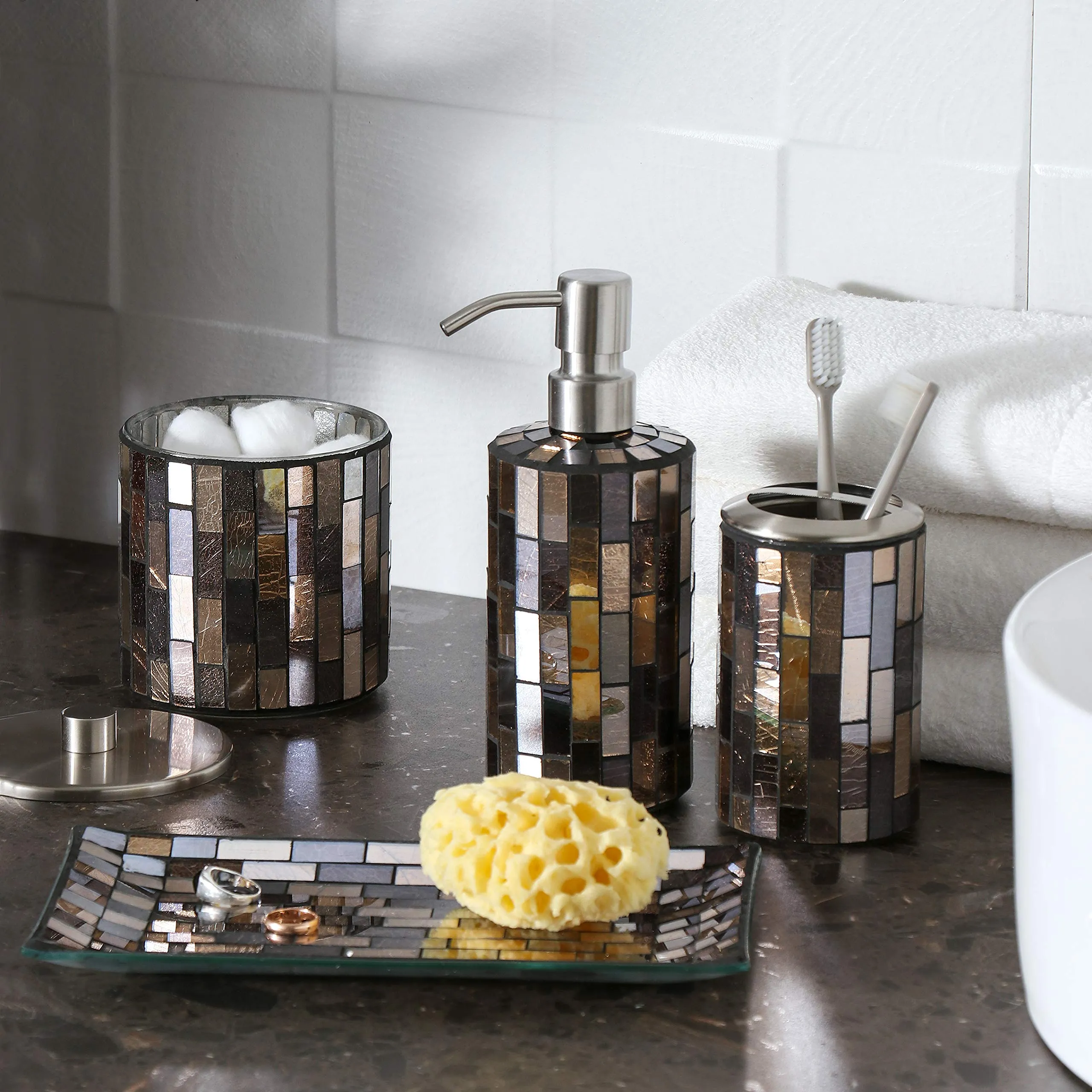 WHOLE HOUSEWARES 4-Piece Black/Gold Decorative Glass Bathroom Accessories Set, Soap