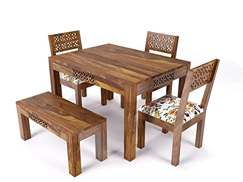 WiproWood Sheesham Wood CNC 4 Seater Dining Table with Chair and Bench | Four Seater Wooden Dining Room Set Dinner Table || Solid Wood Dining Room Sets for Living Room Home Restaurant - TeakFinish